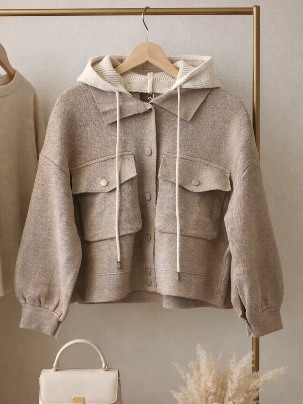 Neutral Beige Removable Hoodie Knitted Jacket with Utility Pockets